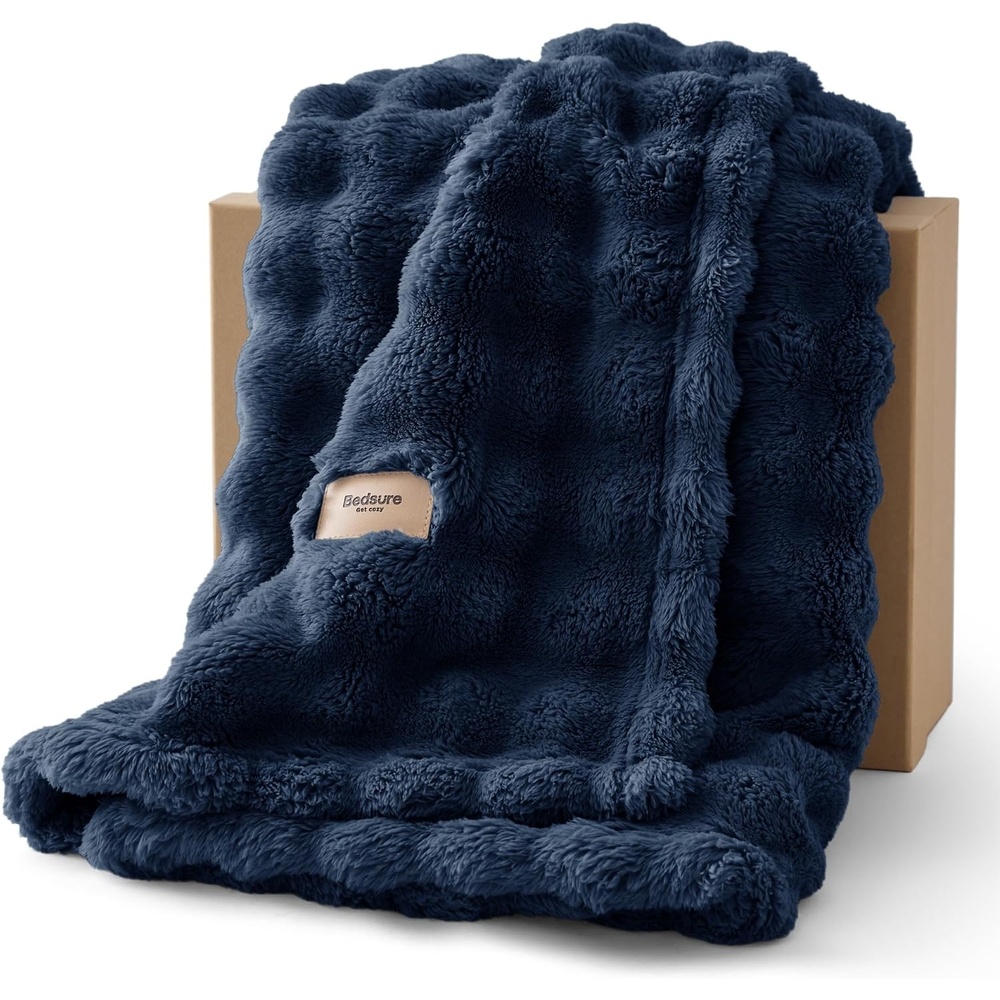 image:imageBedsure 3D Cloud Bubble Fleece Twin Blanket for Bed Burnt Orange 6080Navy Blue