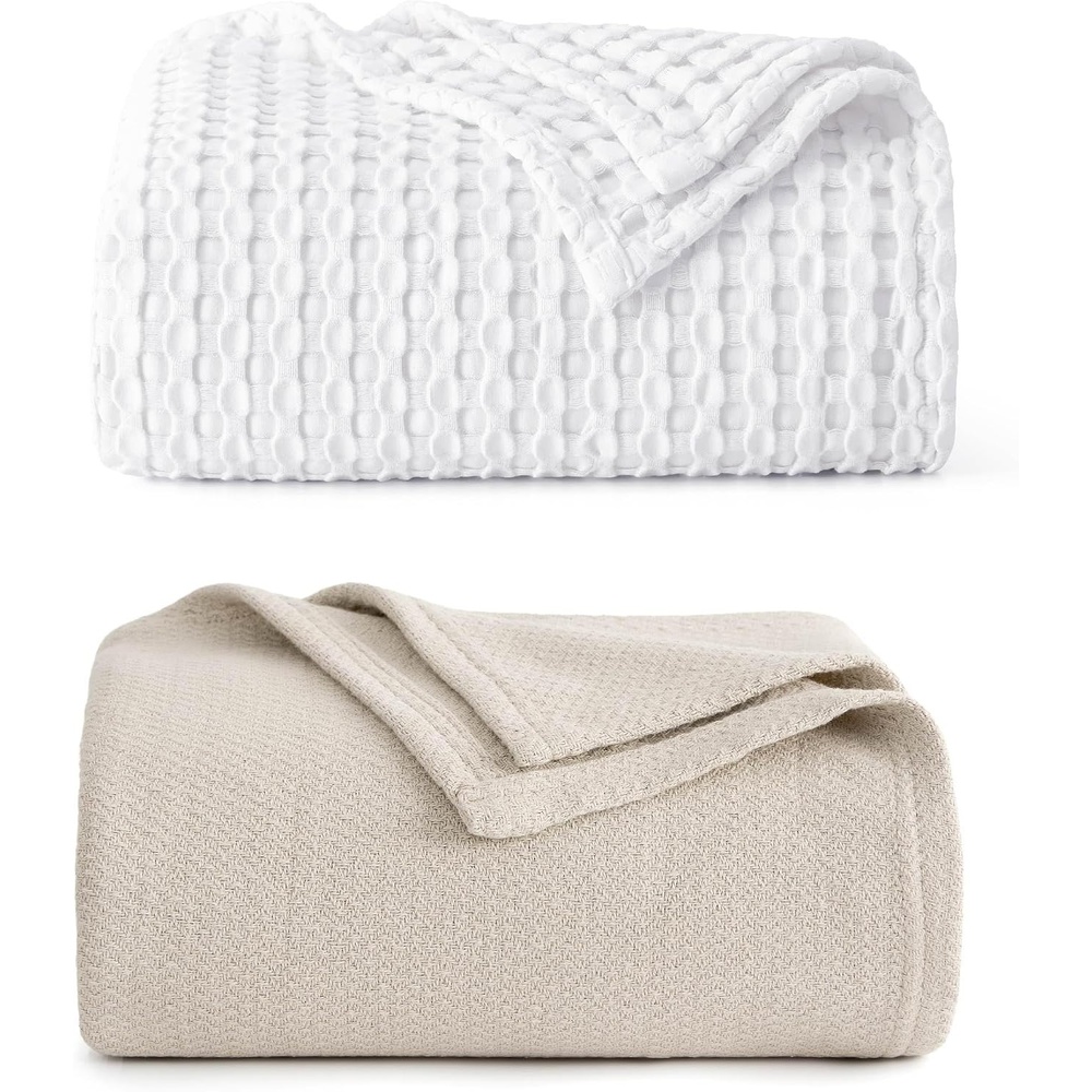 image:imageBedsure Bundle of 1 Cotton Herringbone Weave Blanket Queen amp 1 Cotton Waffle Blanket Queen