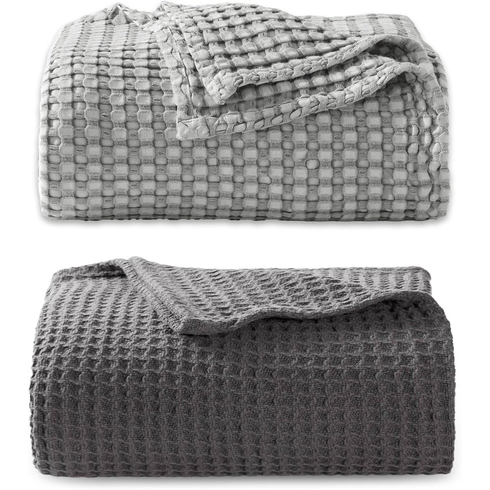 image:imageBedsure Bundle of Cotton Waffle Blanket Dark Grey and Dark Grey Throw XL