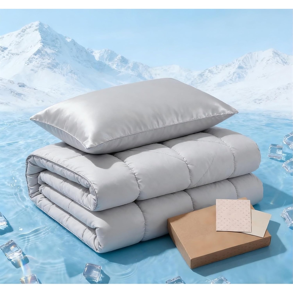 image:imageBedsure Cooling Comforter Bundle Cooling Pillow Cases for Hot Sleepers with DualSided Cool Tech 2 Pack HA amp Ceramides Infused Silky Cooling Pillowcases Soft for Skin amp Hair Grey Queen Size