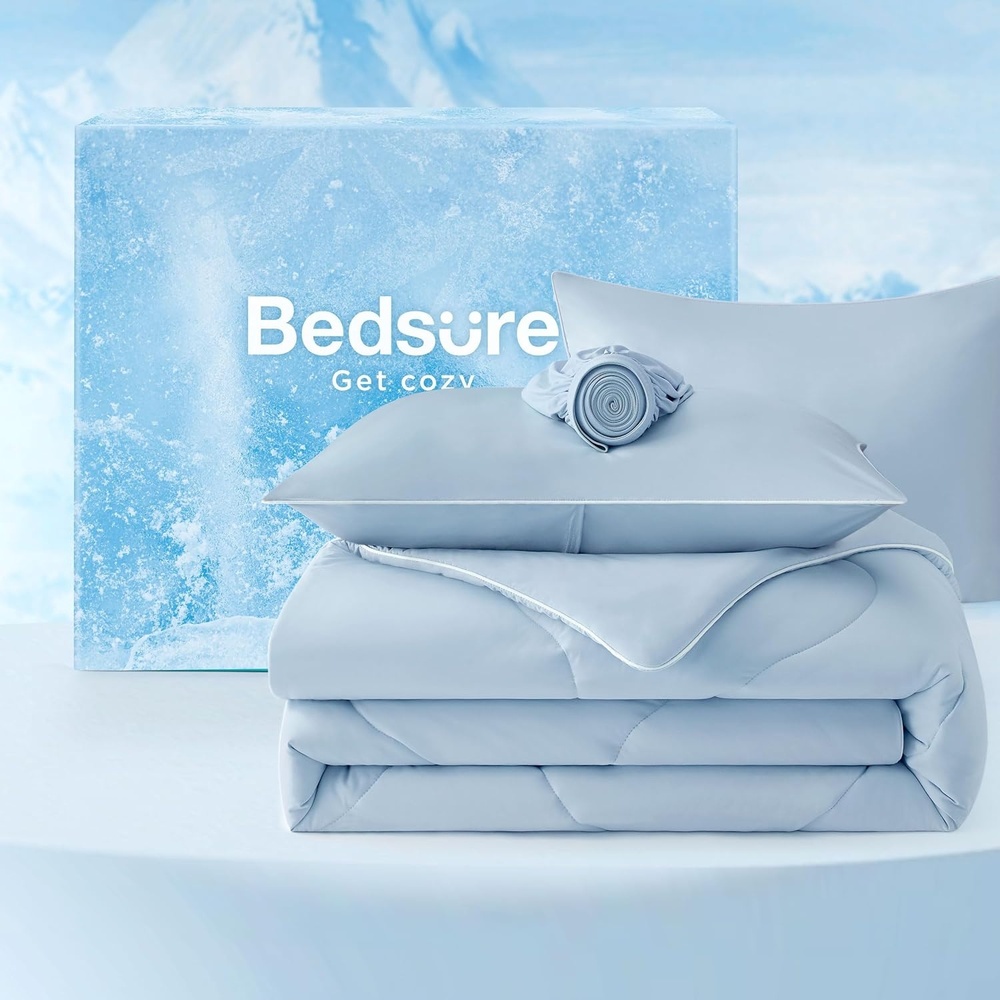 image:imageBedsure Cooling Comforters Queen Size Set 4 Pieces Blue Cooling Blanket for Hot Sleepers DoubleSided Cool Tech Queen Bedding Set with Breathable Lightweight Comforter Sheet amp Pillowcases02 Blue