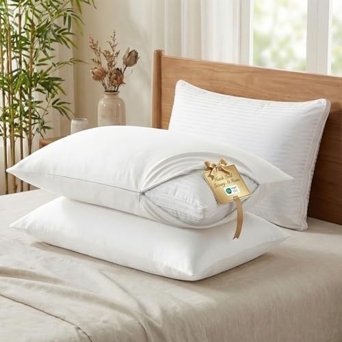 image:imageBedsure Cotton Queen Size Pillows Set of 2 with White Cooling Pillowcases