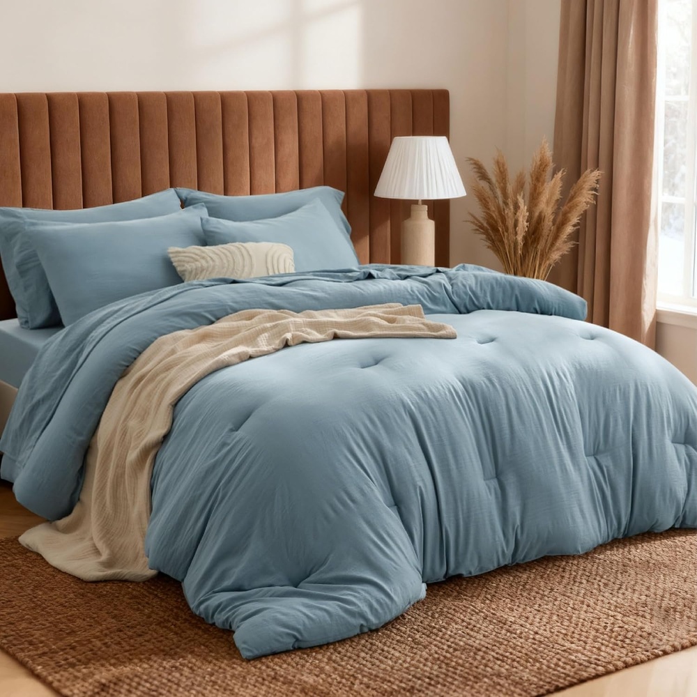 image:imageBedsure Dark Green King Comforter Set Soft Bed in a Bag 7 Pieces Alternative Bedding for All Seasons Breathable Marshmallow Prewashed Bed Set with Comforters Sheets Pillowcases amp ShamsDusty Blue