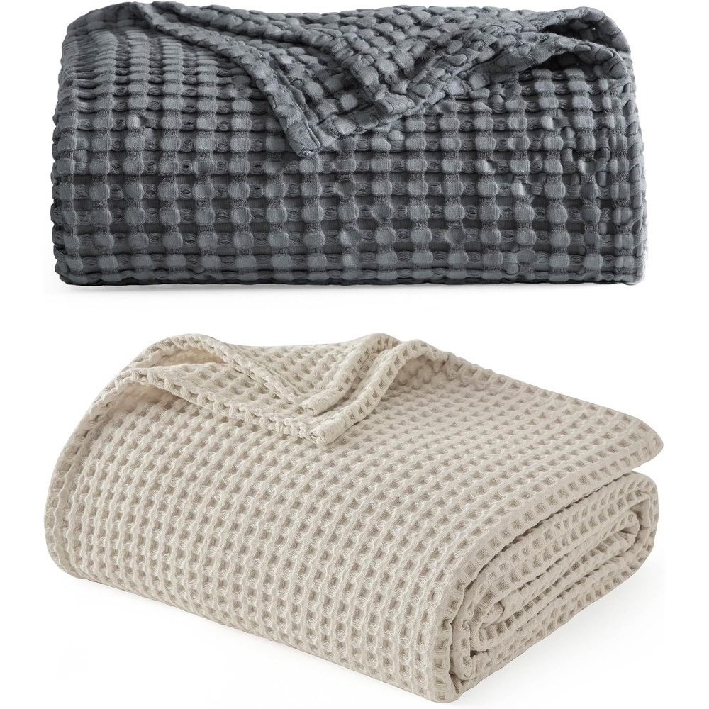 image:imageBedsure Dark Grey Cooling Blanket and Beige Linen Waffle Blanket 90x90 Inches