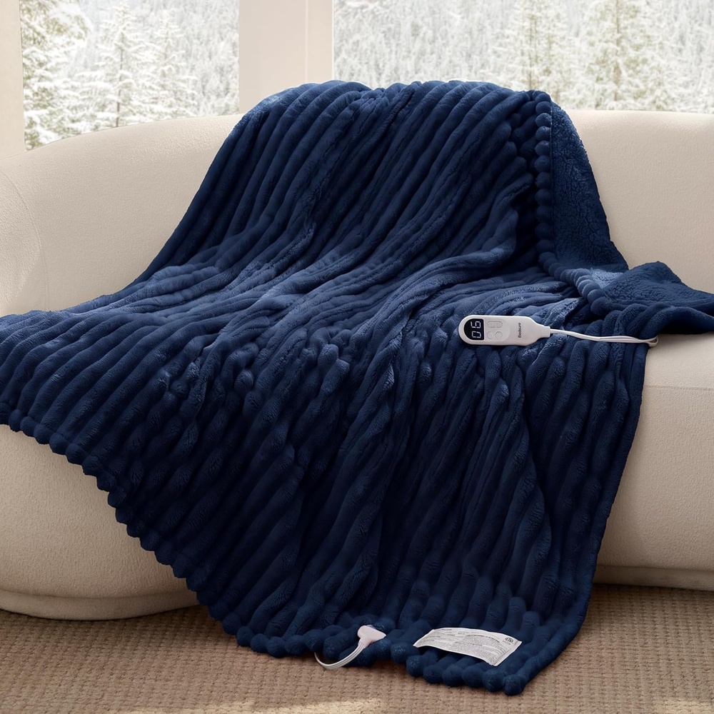 image:imageBedsure Fluffy Bubble Faux Fur Heated Electric Blanket Twin Coconut White07 Navy Blue
