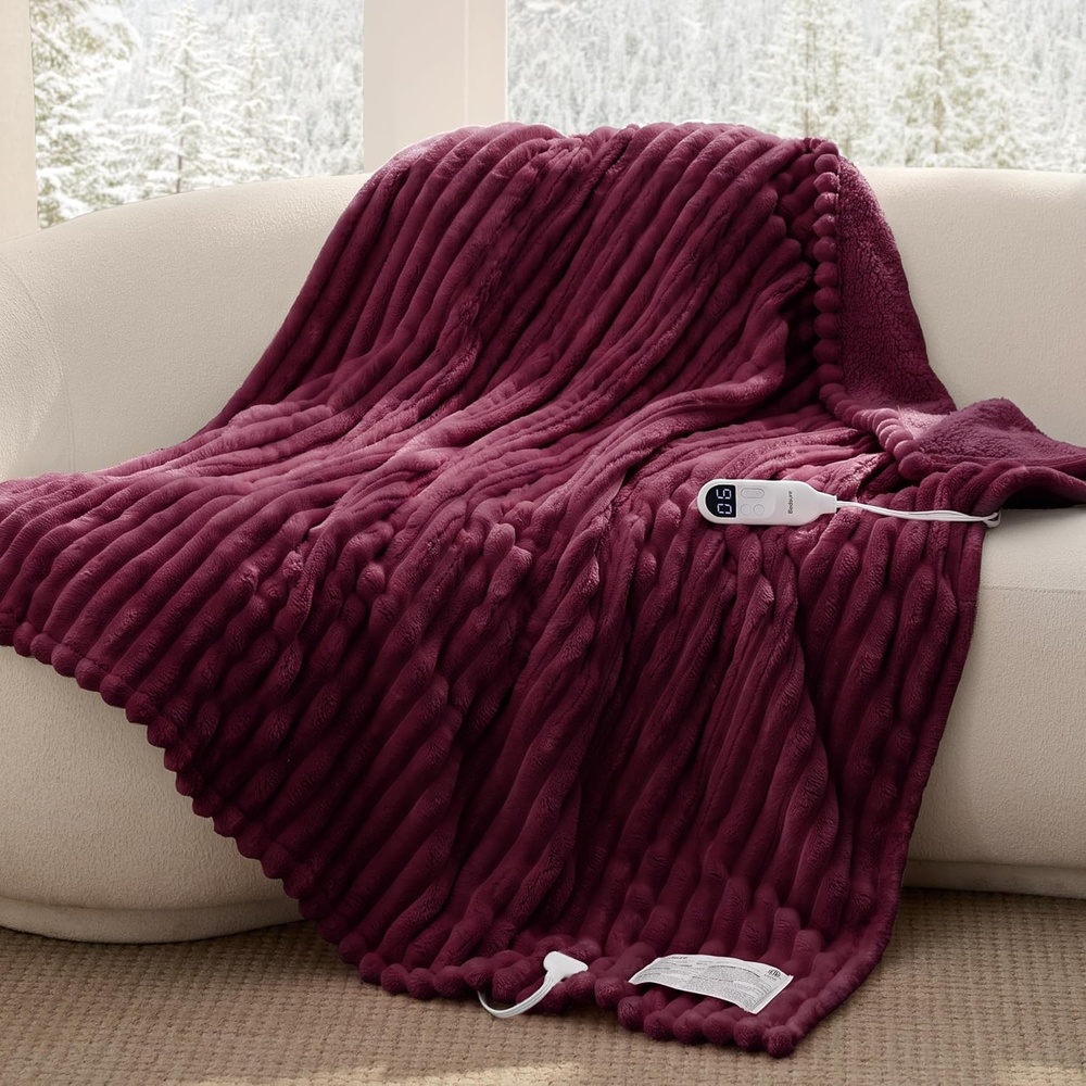 image:imageBedsure Fluffy Bubble Faux Fur Heated Electric Blanket Twin Coconut White11  Burgundy