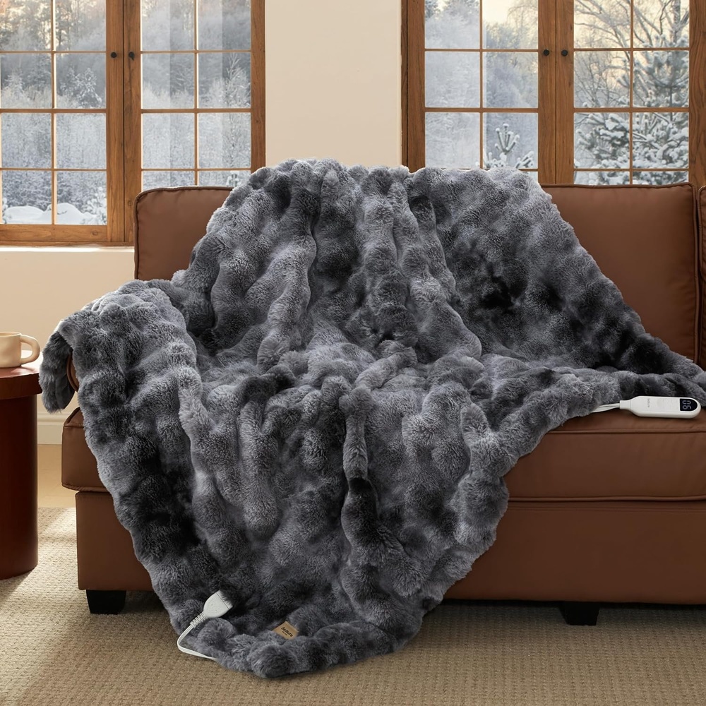 image:imageBedsure Fluffy Bubble Faux Fur Heated Electric Blanket Twin Coconut White13 Tiedye Dark Grey