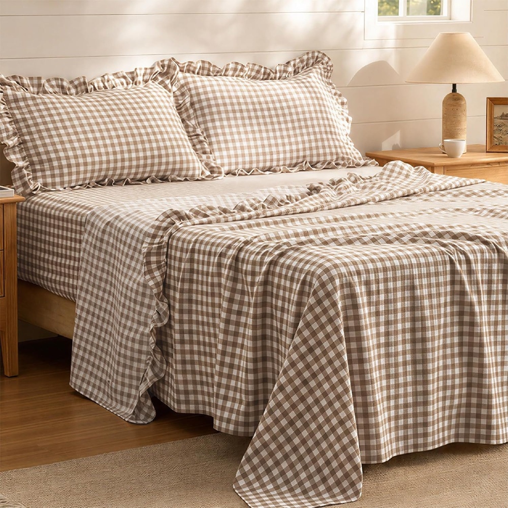 image:imageBedsure Gingham Sheets Queen Size 4 Piece Brown Ruffle Farmhouse BedsheetBrown