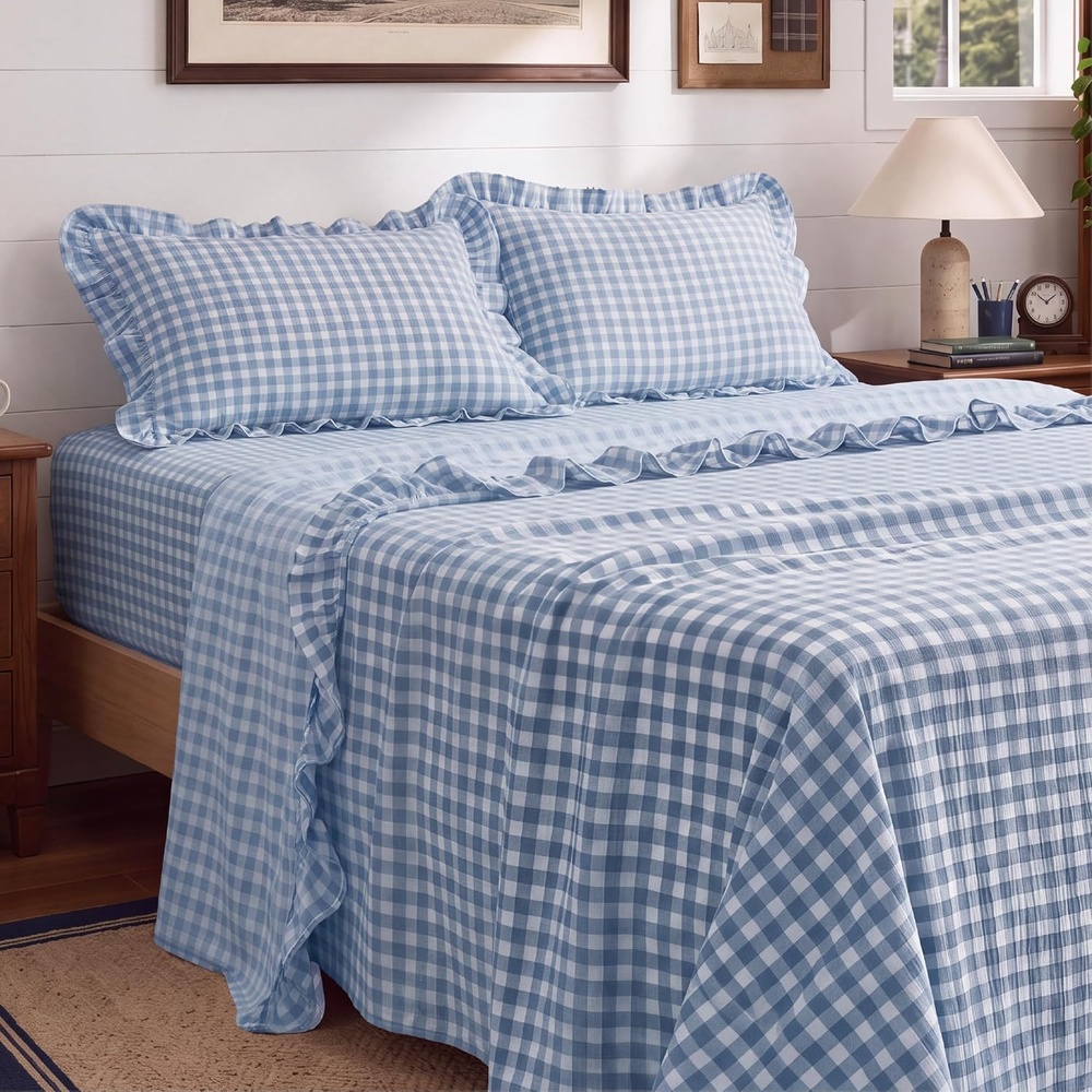 image:imageBedsure Gingham Sheets Queen Size 4 Piece Brown Ruffle Farmhouse BedsheetLight Blue
