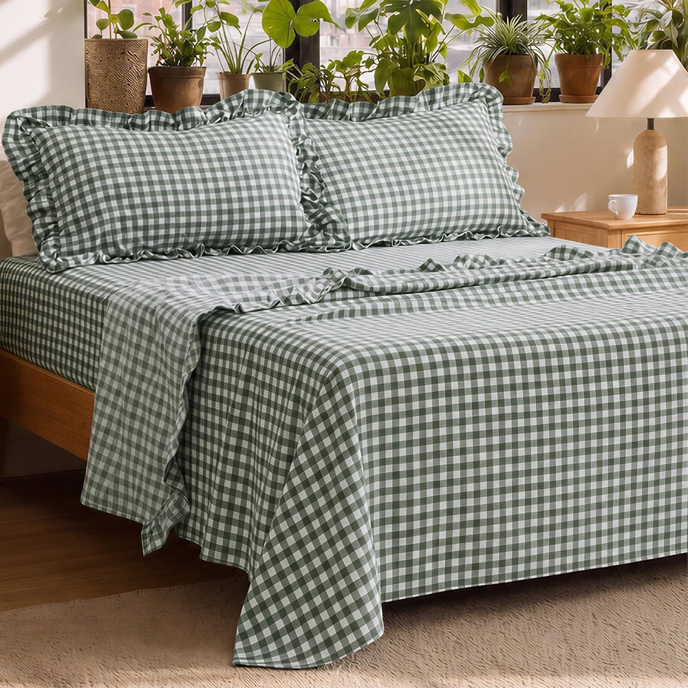 image:imageBedsure Gingham Sheets Queen Size 4 Piece Brown Ruffle Farmhouse BedsheetOlive Green