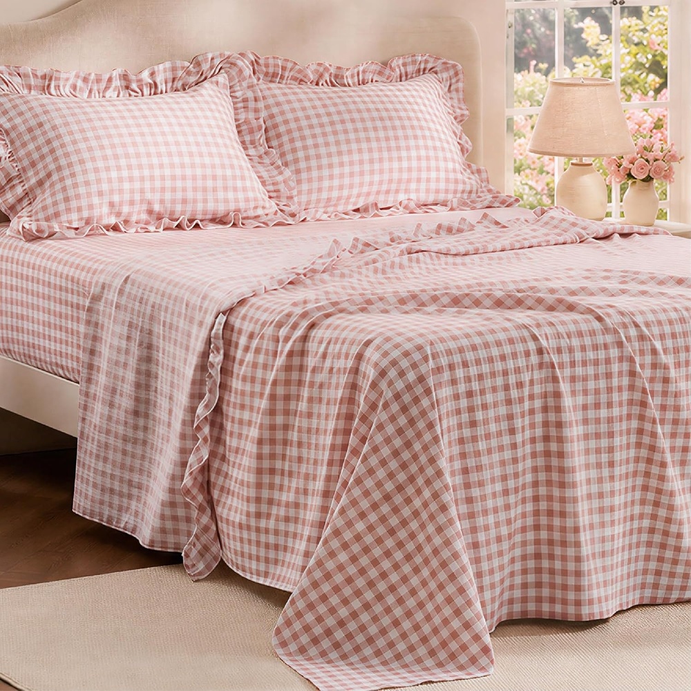 image:imageBedsure Gingham Sheets Queen Size 4 Piece Brown Ruffle Farmhouse BedsheetPink