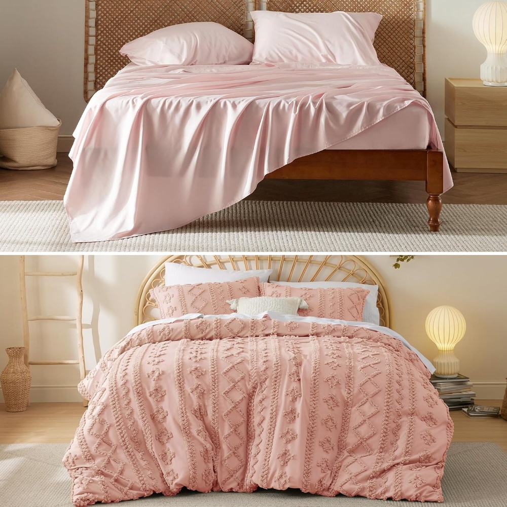 image:imageBedsure King Size Pink Cooling Sheet Set and Boho Duvet Cover Set with Pillow Shams  All Seasons Bedding