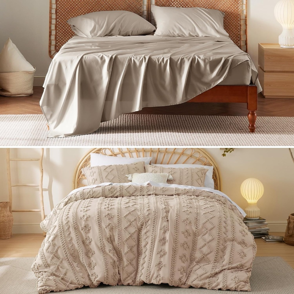 image:imageBedsure King Size Simply Taupe Cooling Sheet Set and Boho Duvet Cover Set with Pillow Shams All Seasons Bedding