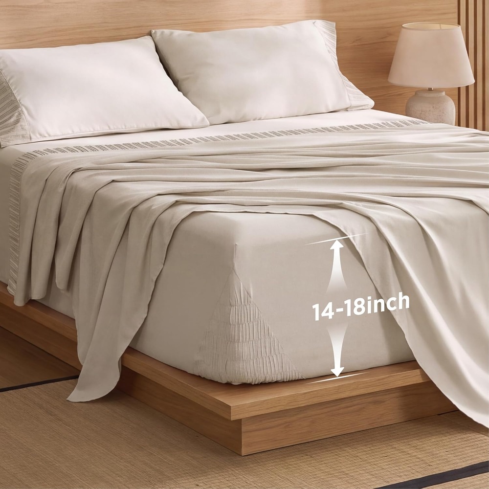 image:imageBedsure NonSlip Deep Pocket King Sheet Set Stay Put Fits 1418 MattressBeige