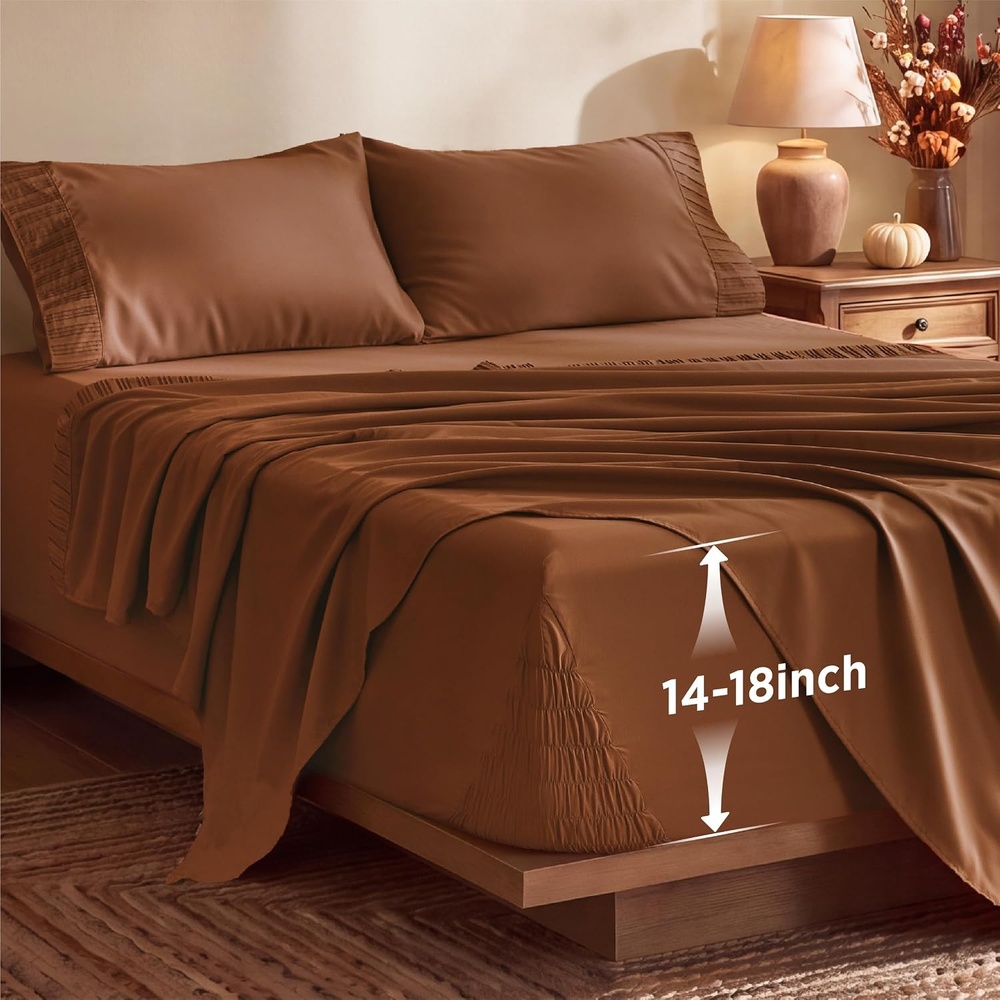image:imageBedsure NonSlip Deep Pocket King Sheet Set Stay Put Fits 1418 MattressBurnt Orange