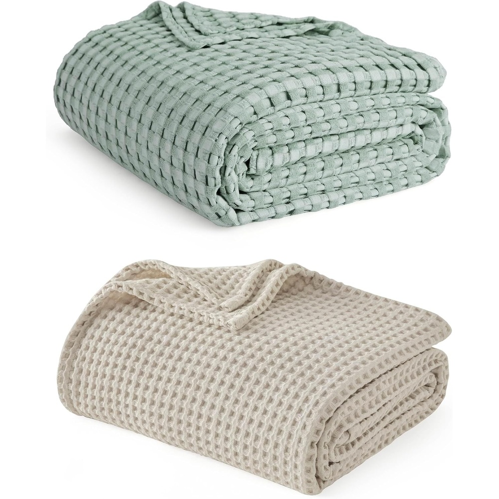 image:imageBedsure Sage Green Cooling Blanket and Beige Linen Waffle Blanket 104x90 Inches
