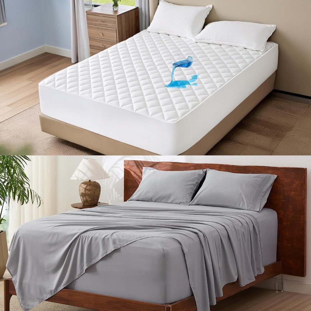 image:imageBedsure Waterproof Queen Mattress Protector  Deep Pocket Queen Sheets Set White  Light Gray