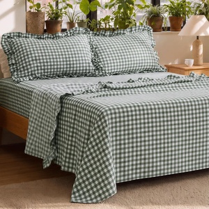 Bedsure Gingham Sheets Queen Size, 4 Piece Brown Ruffle Farmhouse Bedsheet(Olive Green)