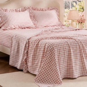Bedsure Gingham Sheets Queen Size, 4 Piece Brown Ruffle Farmhouse Bedsheet(Pink)