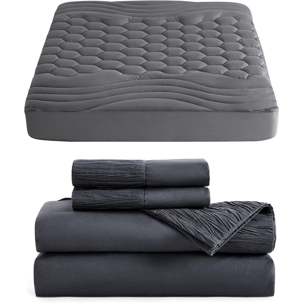 image:imageBedsure Queen Size Mattress Pad Bundle Queen Sheet Set Grey