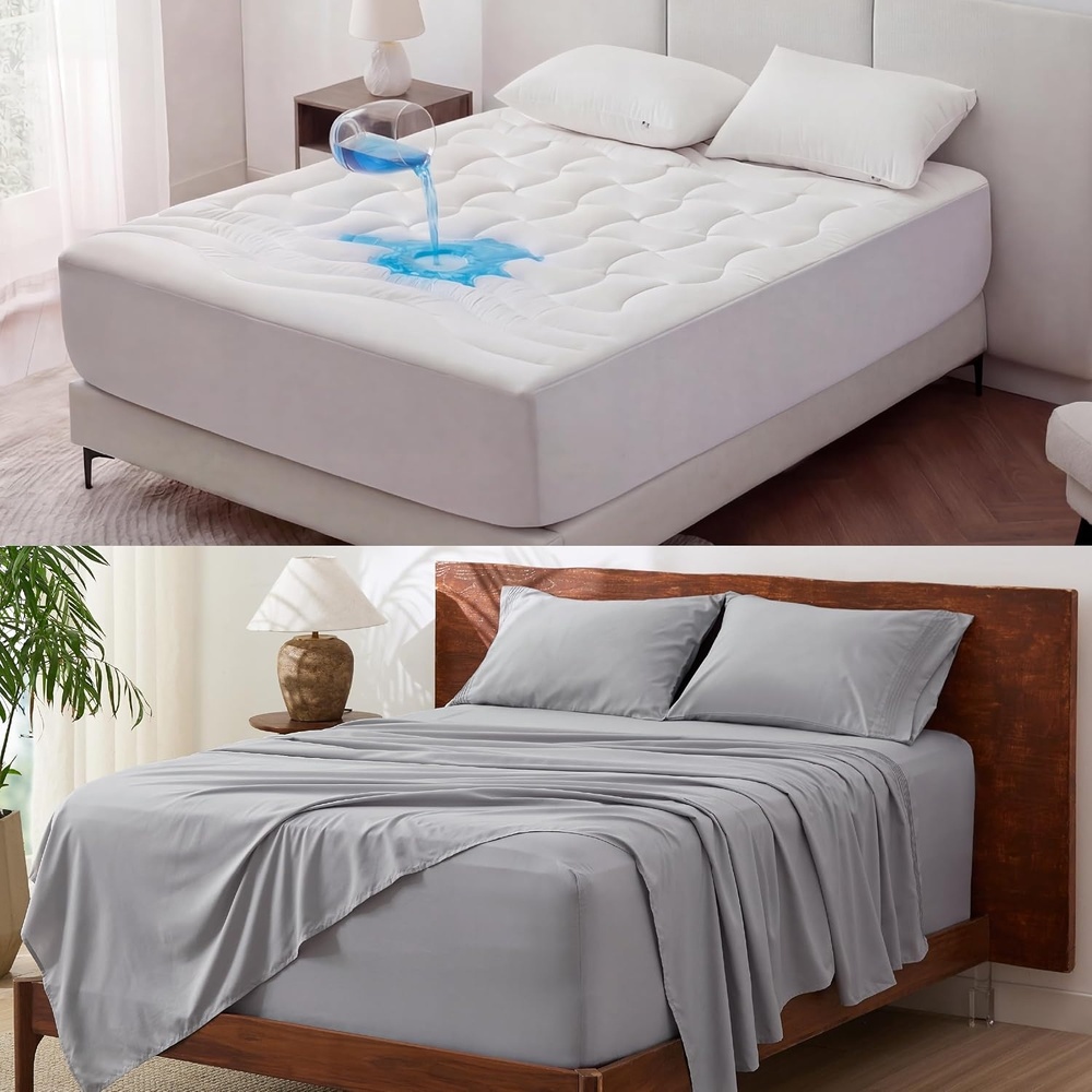 image:imageBedsure Waterproof Full Mattress Protector Deep Pocket Full Sheets Set White Light Gray
