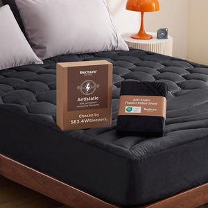 Bedsure Mattress Pad Bundle Flannel Fitted Sheet Only, Quilted Fitted Mattress Topper Protector with 8-21 Inches Deep Pocket, Noiseless Breathable Bed Cover Padded, Velvet Bottom Sheet, King, Black