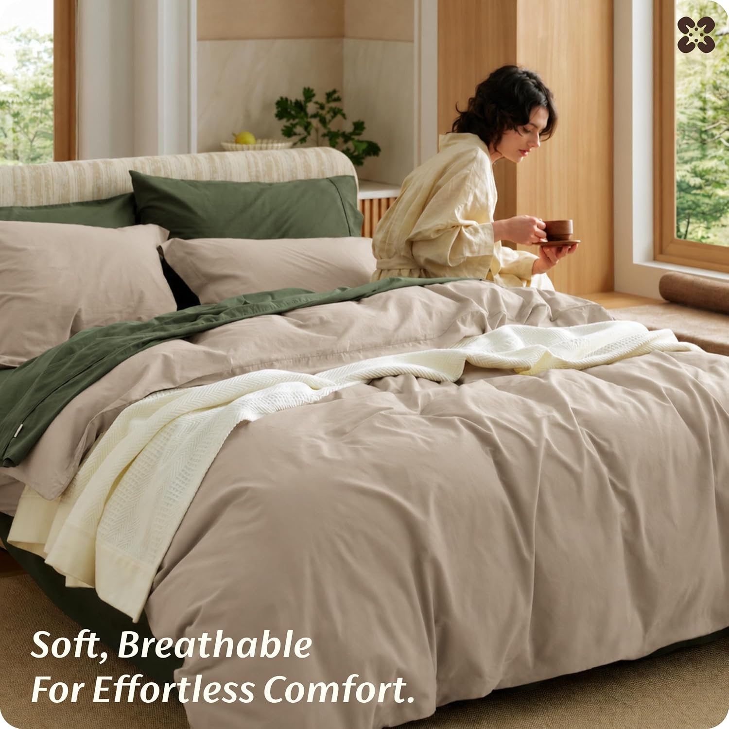 image:imageBedsure PureWoven 100 Washed Cotton Duvet Cover Set Twin Size 2PC03 Frosted Almond No Comforter