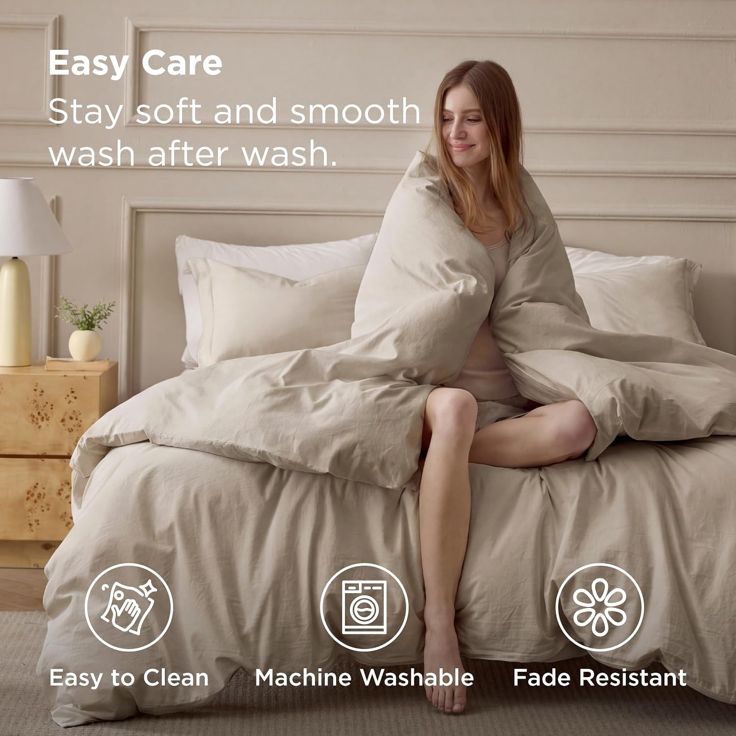 image:imageBedsure PureWoven 100 Washed Cotton Duvet Cover Set Twin Size 2PC03 Frosted Almond No Comforter