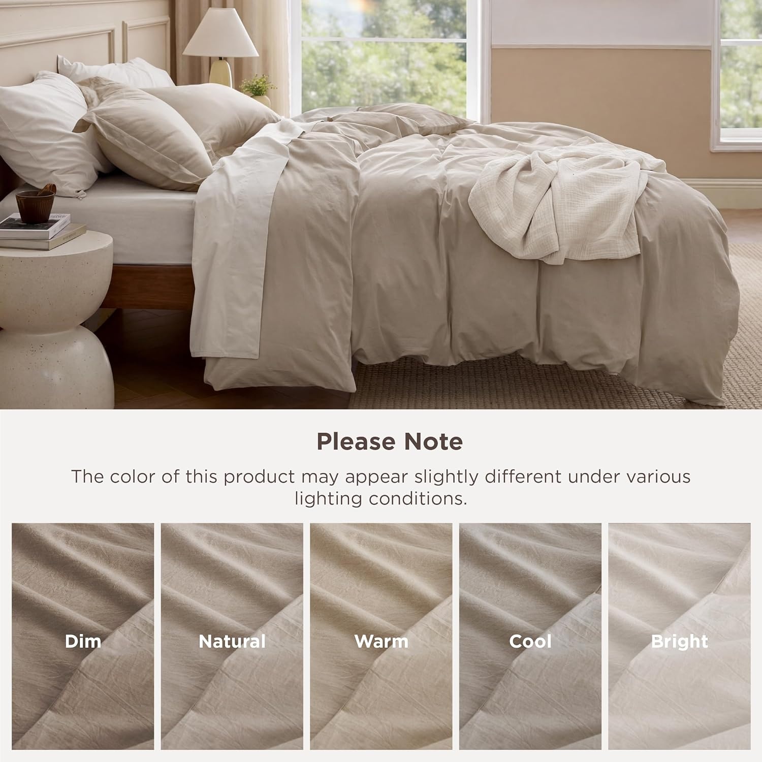 image:imageBedsure PureWoven 100 Washed Cotton Duvet Cover Set Twin Size 2PC03 Frosted Almond No Comforter