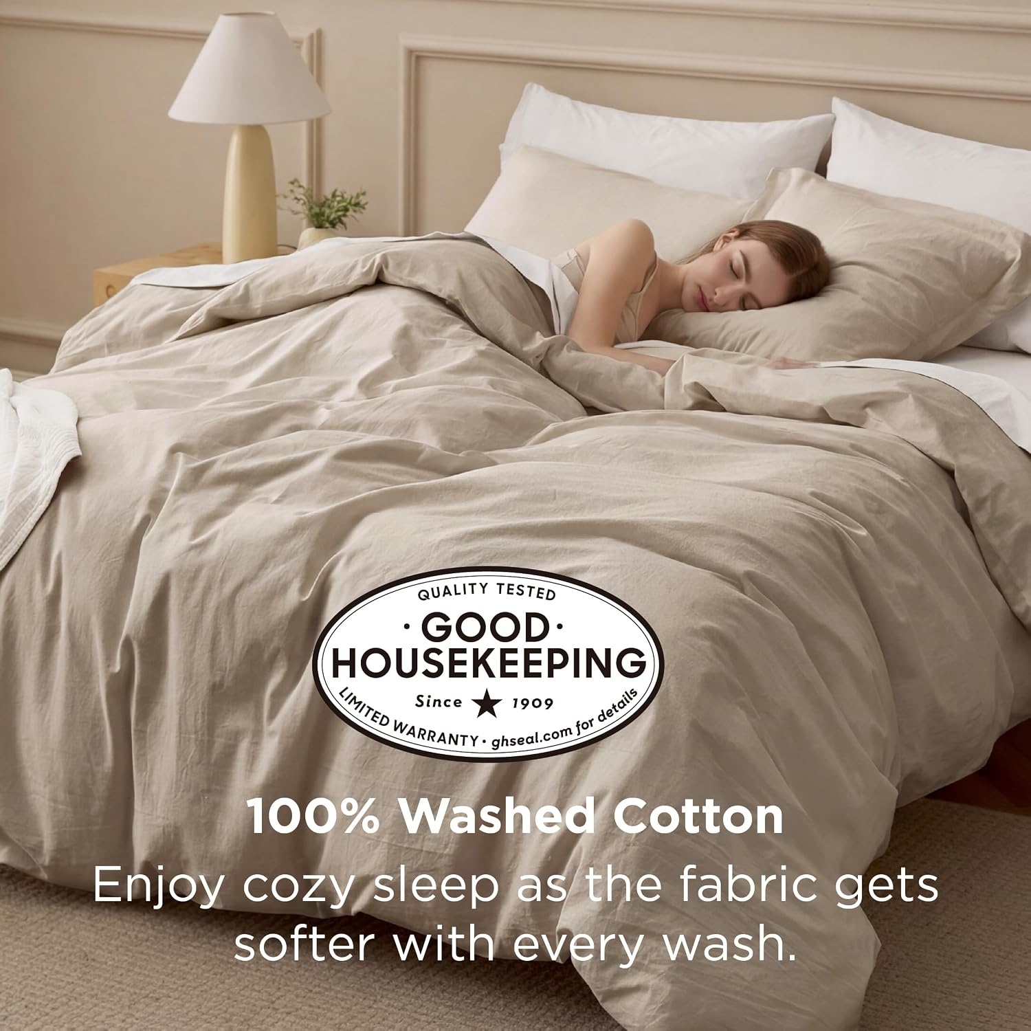 image:imageBedsure PureWoven 100 Washed Cotton Duvet Cover Set Twin Size 2PC03 Frosted Almond No Comforter