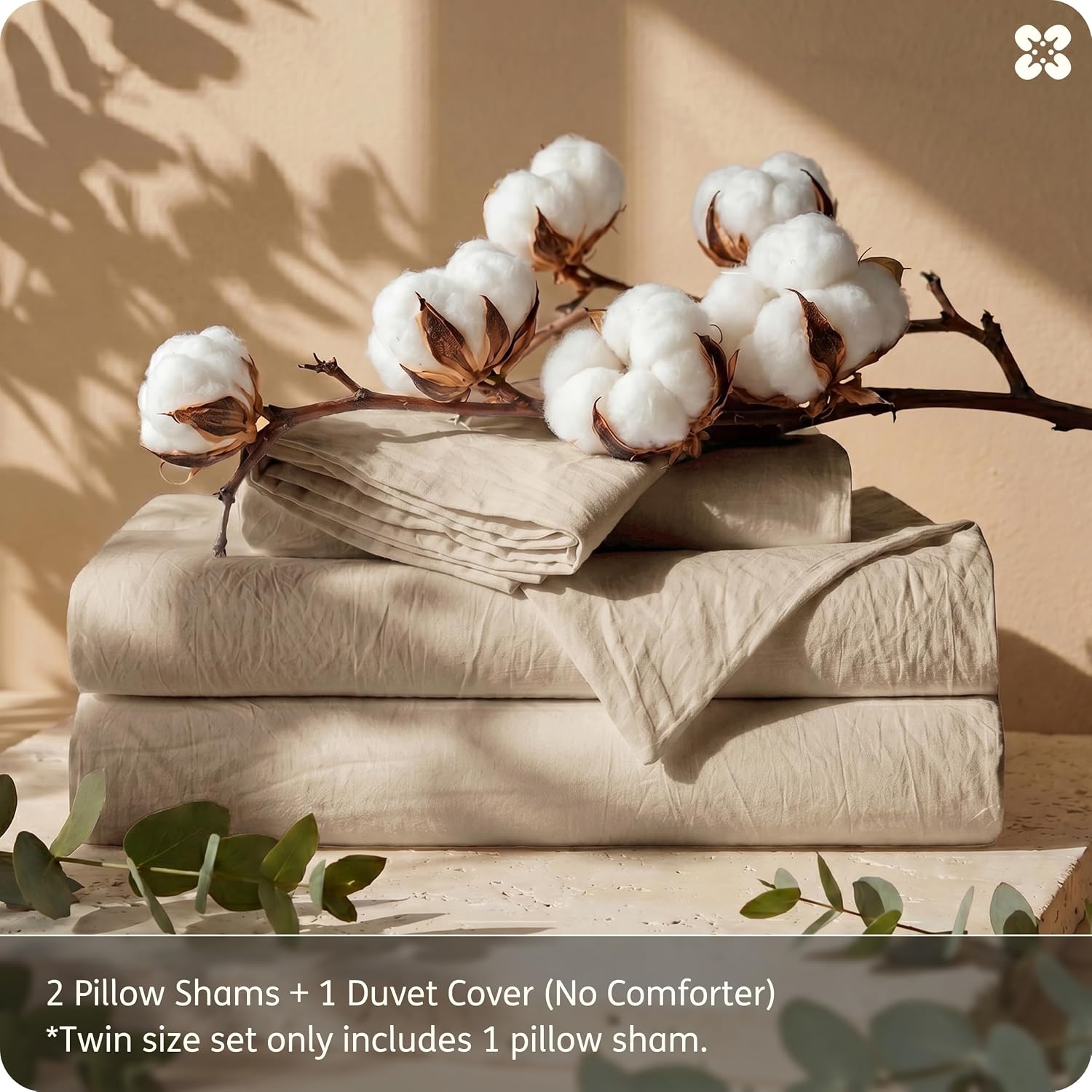 image:imageBedsure PureWoven 100 Washed Cotton Duvet Cover Set Twin Size 2PC03 Frosted Almond No Comforter