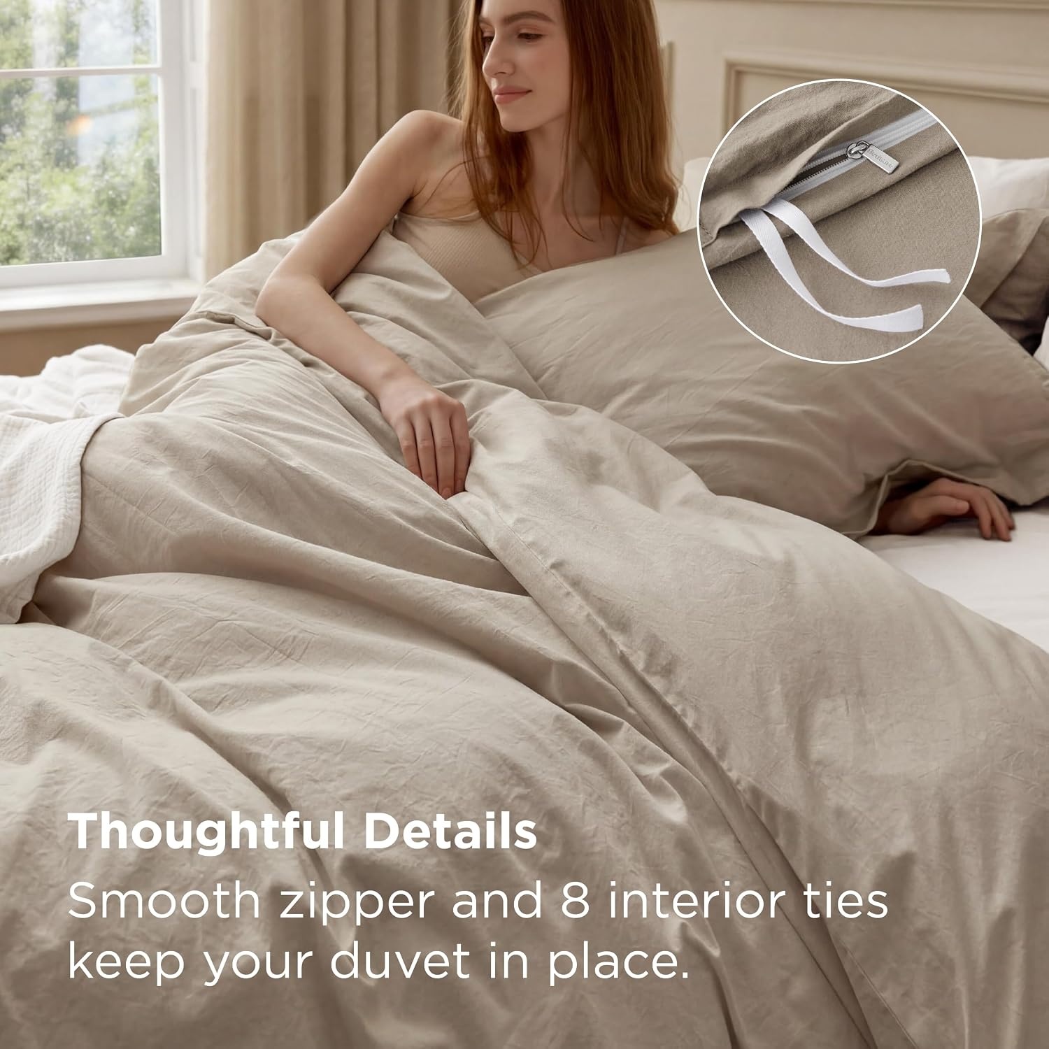 image:imageBedsure PureWoven 100 Washed Cotton Duvet Cover Set Twin Size 2PC03 Frosted Almond No Comforter