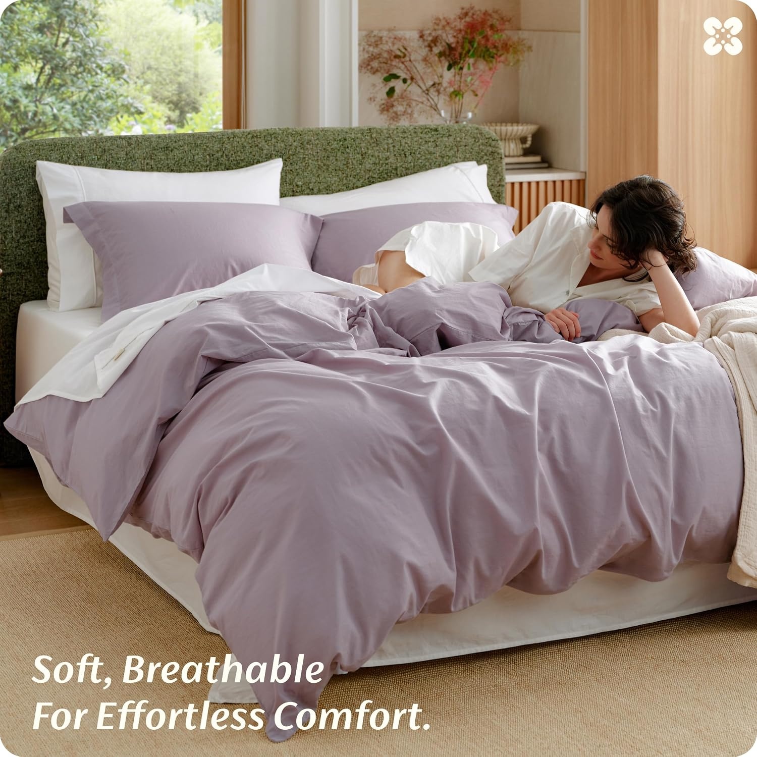 image:imageBedsure PureWoven 100 Washed Cotton Duvet Cover Set Twin Size 2PC16 Lavender No Comforter