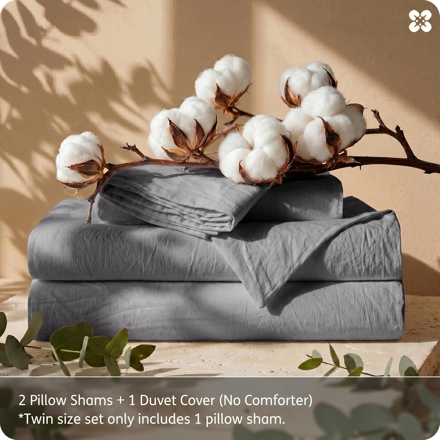 image:imageBedsure PureWoven 100 Washed Cotton Duvet Cover Set Twin Size 2PC19 Grey No Comforter