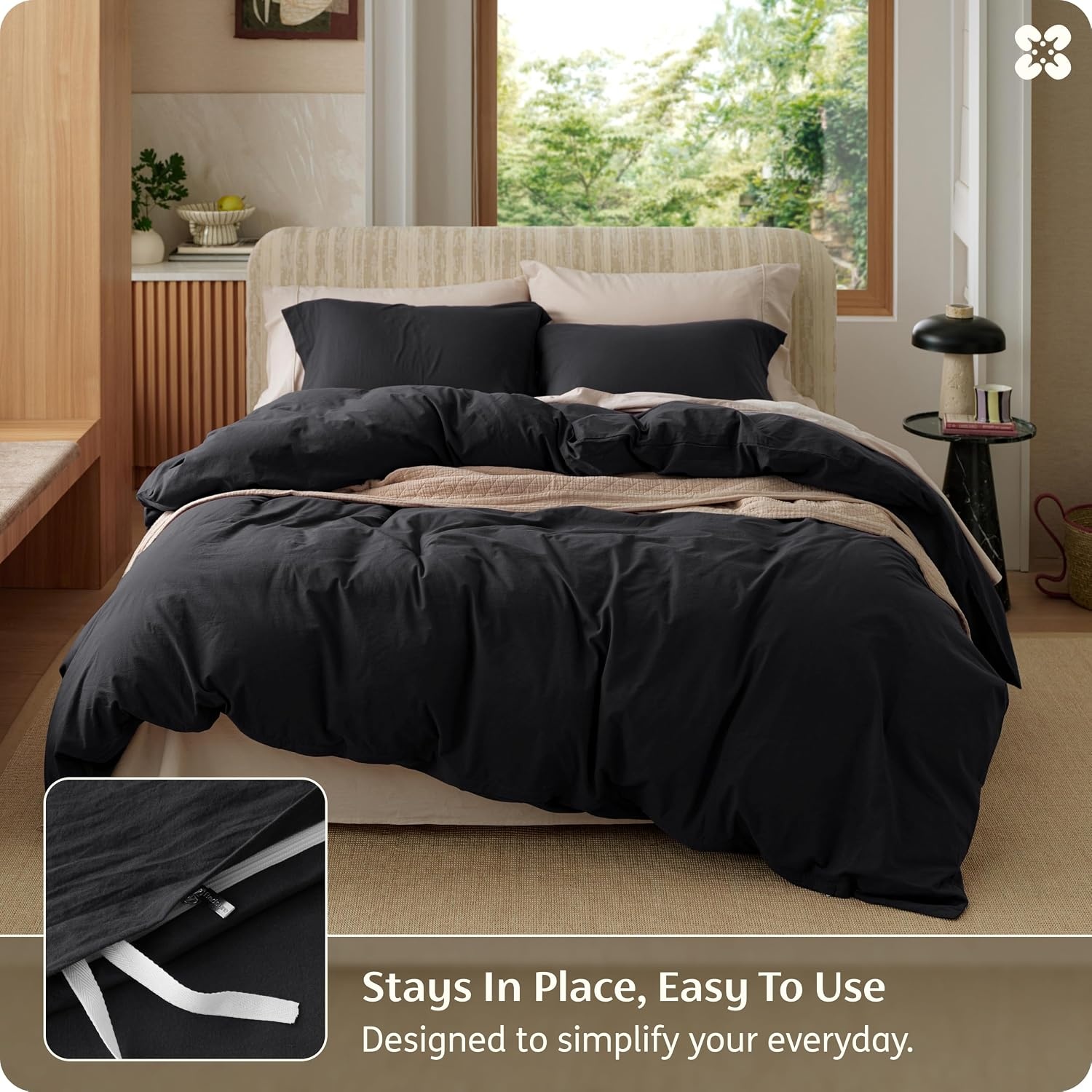 image:imageBedsure PureWoven 100 Washed Cotton Duvet Cover Set Twin Size 2PC21 Black No Comforter