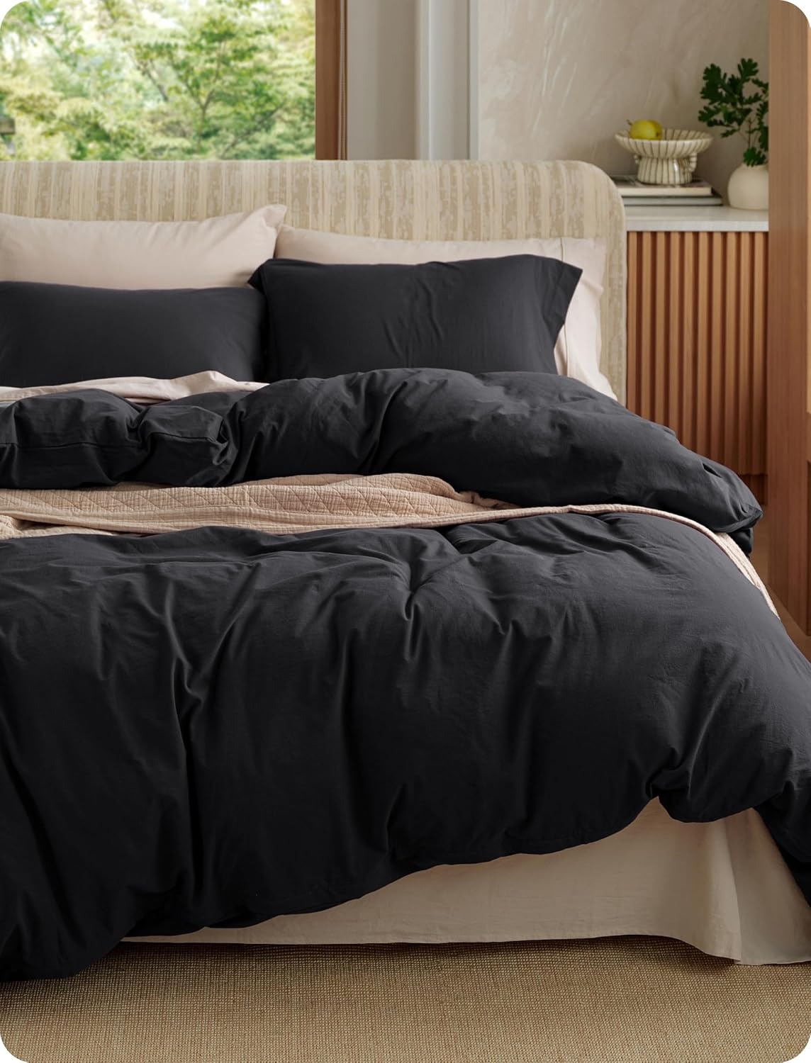 image:imageBedsure PureWoven 100 Washed Cotton Duvet Cover Set Twin Size 2PC21 Black No Comforter