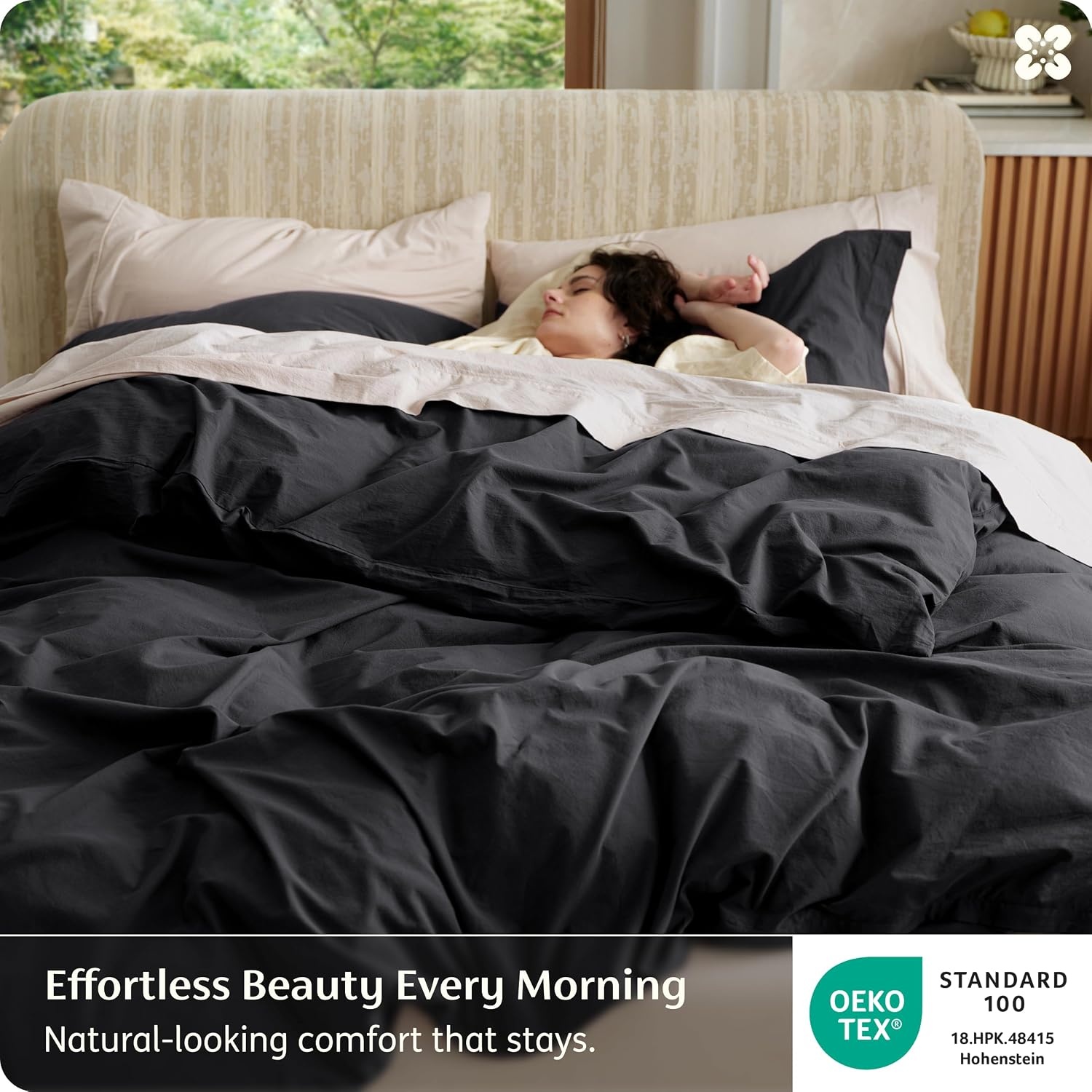 image:imageBedsure PureWoven 100 Washed Cotton Duvet Cover Set Twin Size 2PC21 Black No Comforter