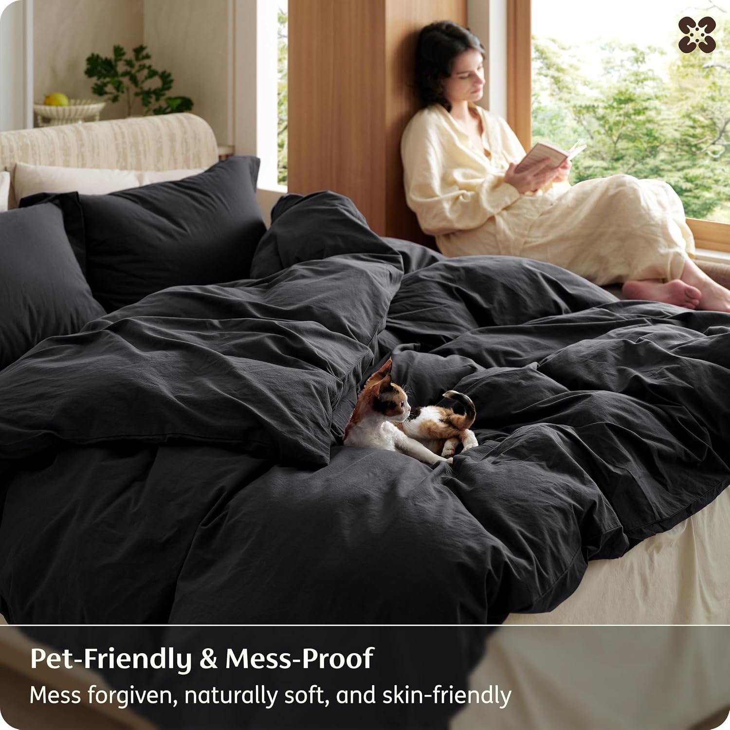 image:imageBedsure PureWoven 100 Washed Cotton Duvet Cover Set Twin Size 2PC21 Black No Comforter