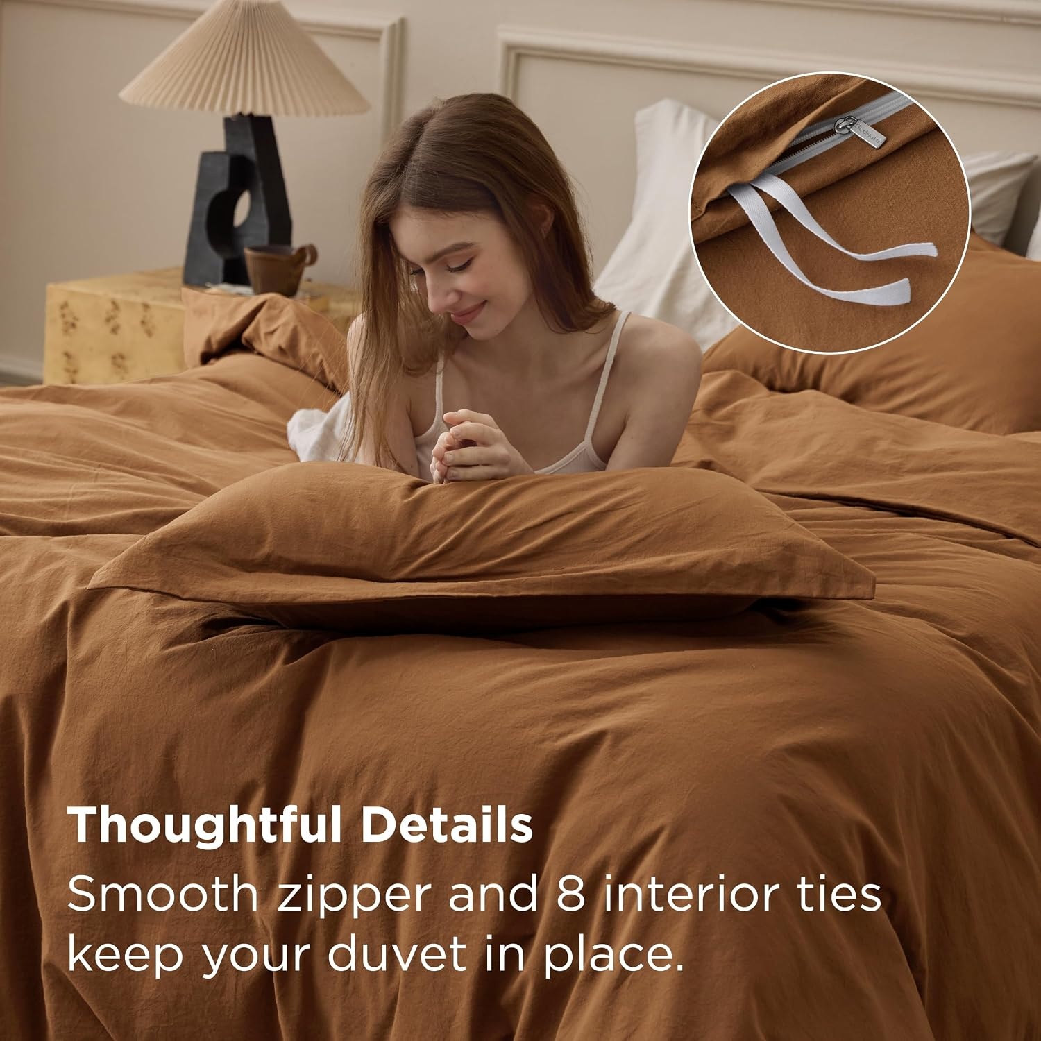 image:imageBedsure PureWoven 100 Washed Cotton Duvet Cover Set Twin Size 2PC23 Hazelnut Brown No Comforter