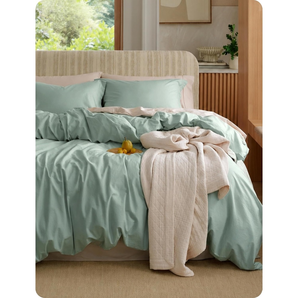 image:imageBedsure PureWoven 100 Washed Cotton Duvet Cover Set Twin Size 2PC10  Iceberg Green No Comforter