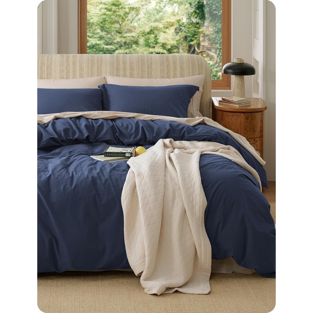 image:imageBedsure PureWoven 100 Washed Cotton Duvet Cover Set Twin Size 2PC15 Navy No Comforter