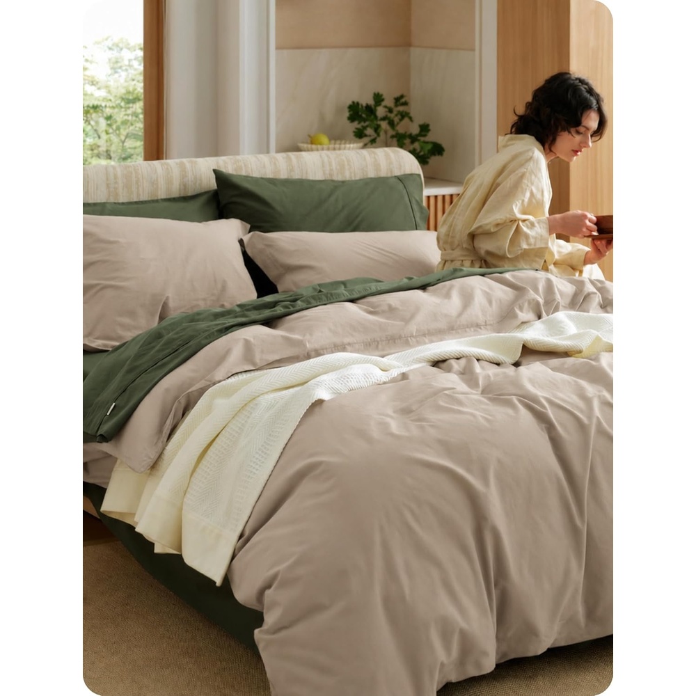image:imageBedsure PureWoven 100 Washed Cotton Duvet Cover Set Twin Size 2PC25 Tan No Comforter