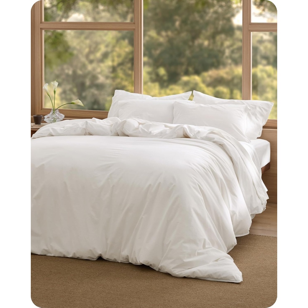 image:imageBedsure PureWoven 100 Washed Cotton Duvet Cover Set Twin Size 2PC30 Slub Coconut White No Comforter
