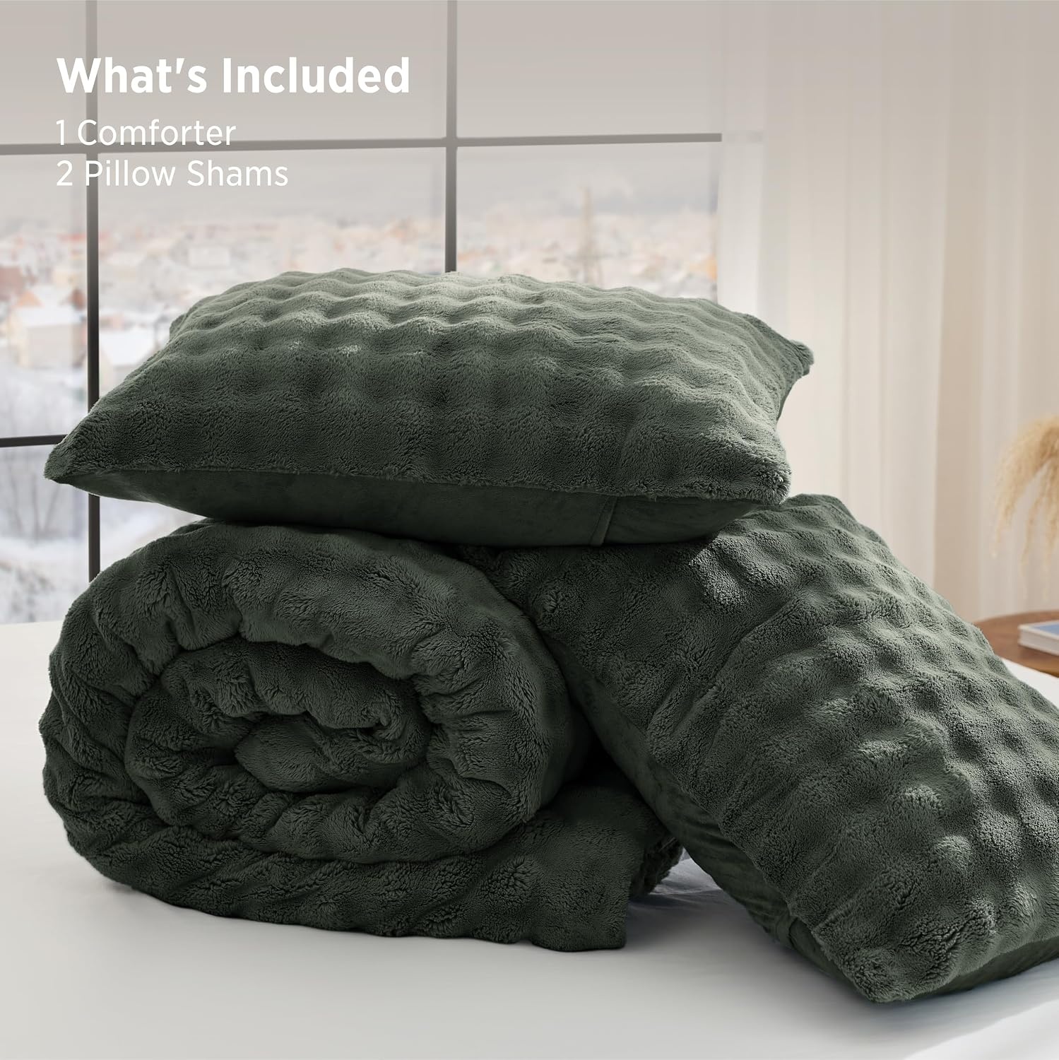 image:imageBedsure 3D Cloud Bubble Comforter Set Fluffy Comforter King Beige 3 Pcs05 Dark Green