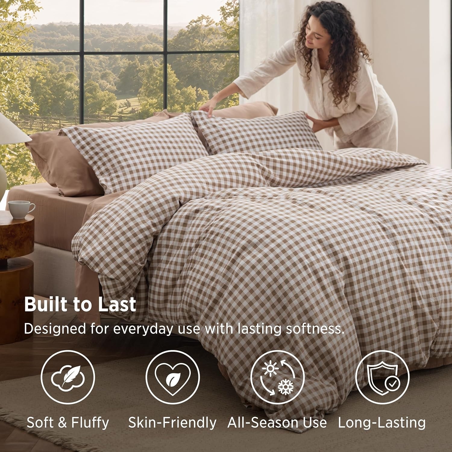 image:imageBedsure Blue Gingham Comforter Set Queen Size Soft Fall Bedding 3 pcs01 Brown Gingham