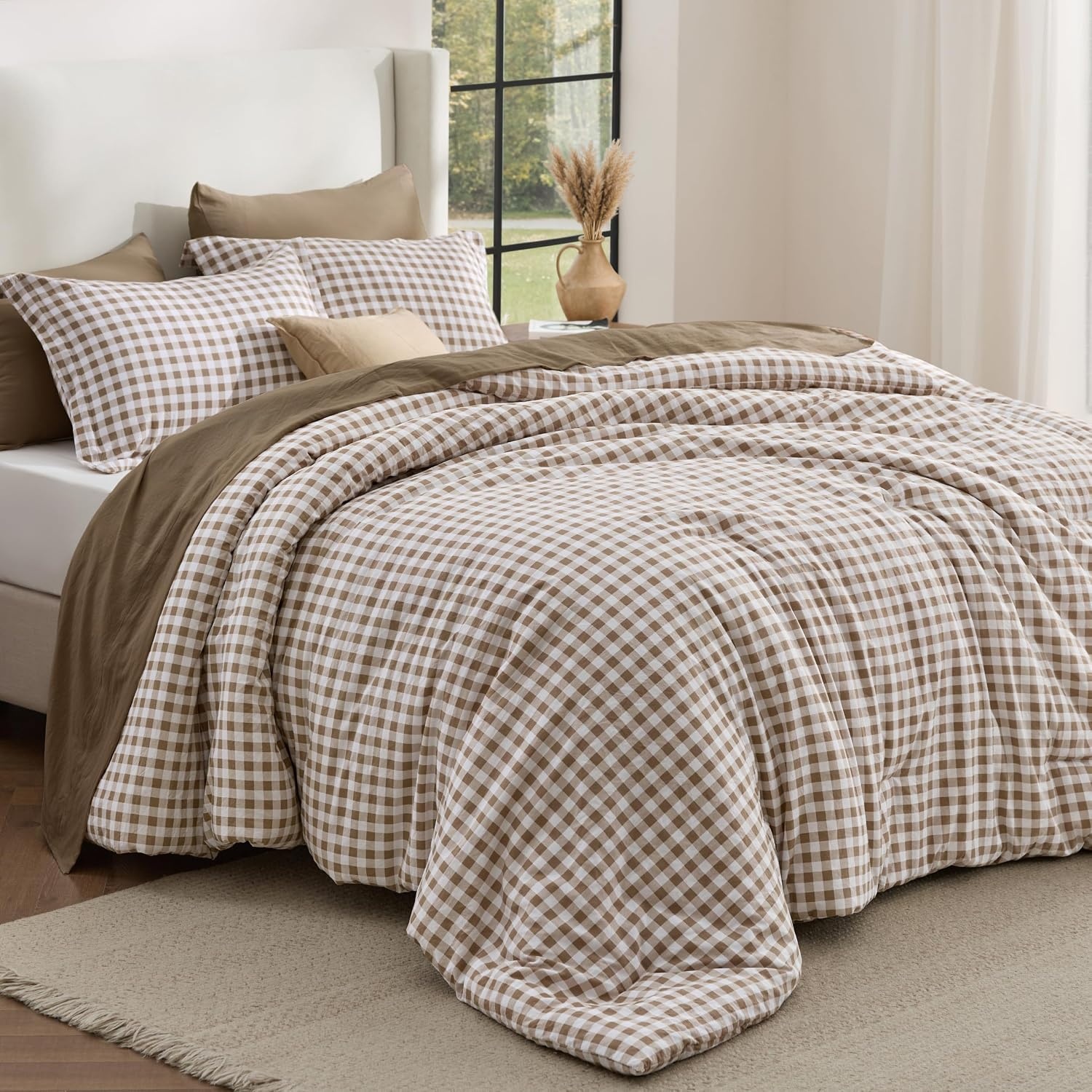 image:imageBedsure Blue Gingham Comforter Set Queen Size Soft Fall Bedding 3 pcs01 Brown Gingham