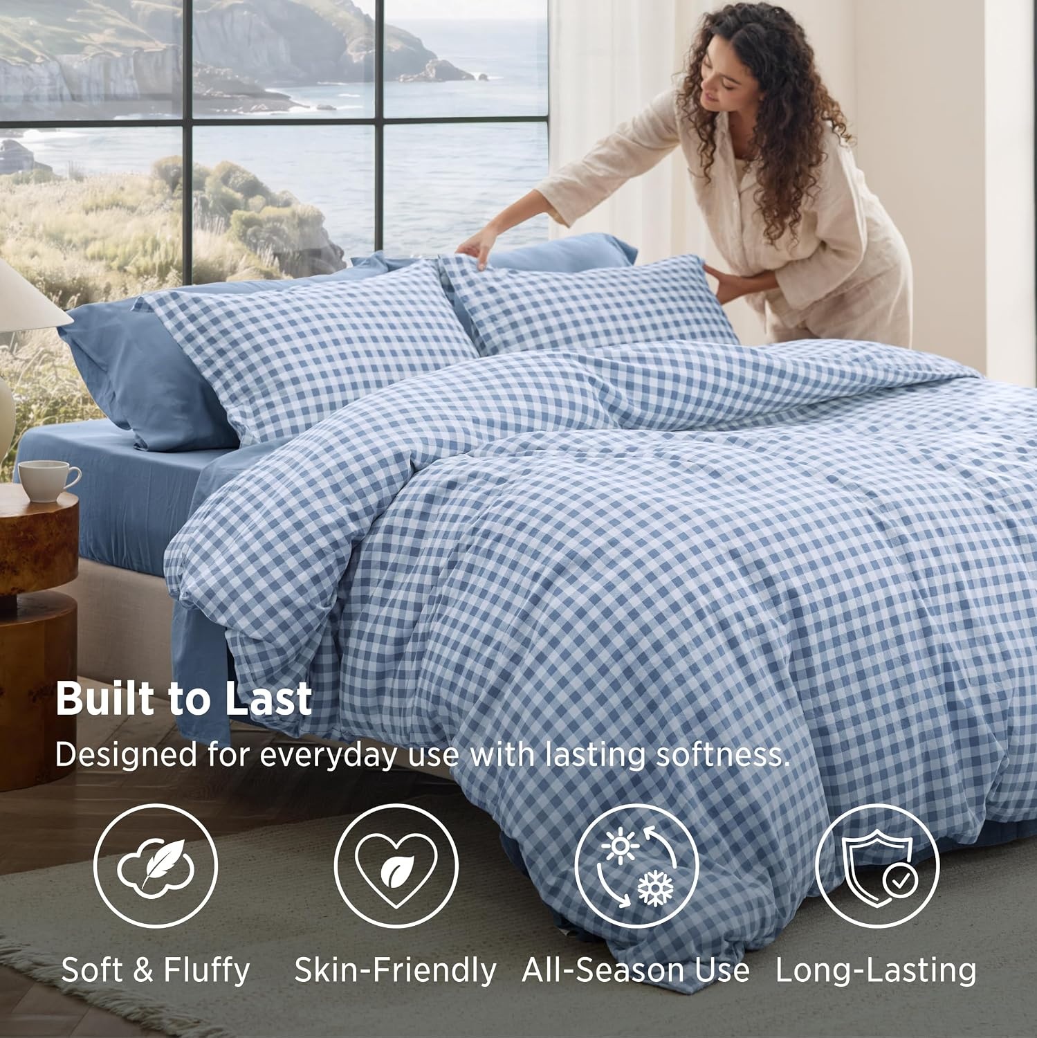image:imageBedsure Blue Gingham Comforter Set Queen Size Soft Fall Bedding 3 pcs02 Blue Gingham
