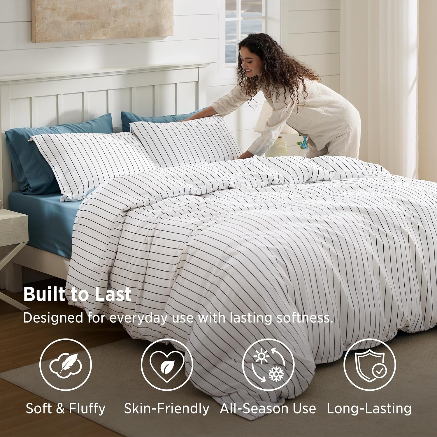 image:imageBedsure Blue Gingham Comforter Set Queen Size Soft Fall Bedding 3 pcs03 Black White Stripes