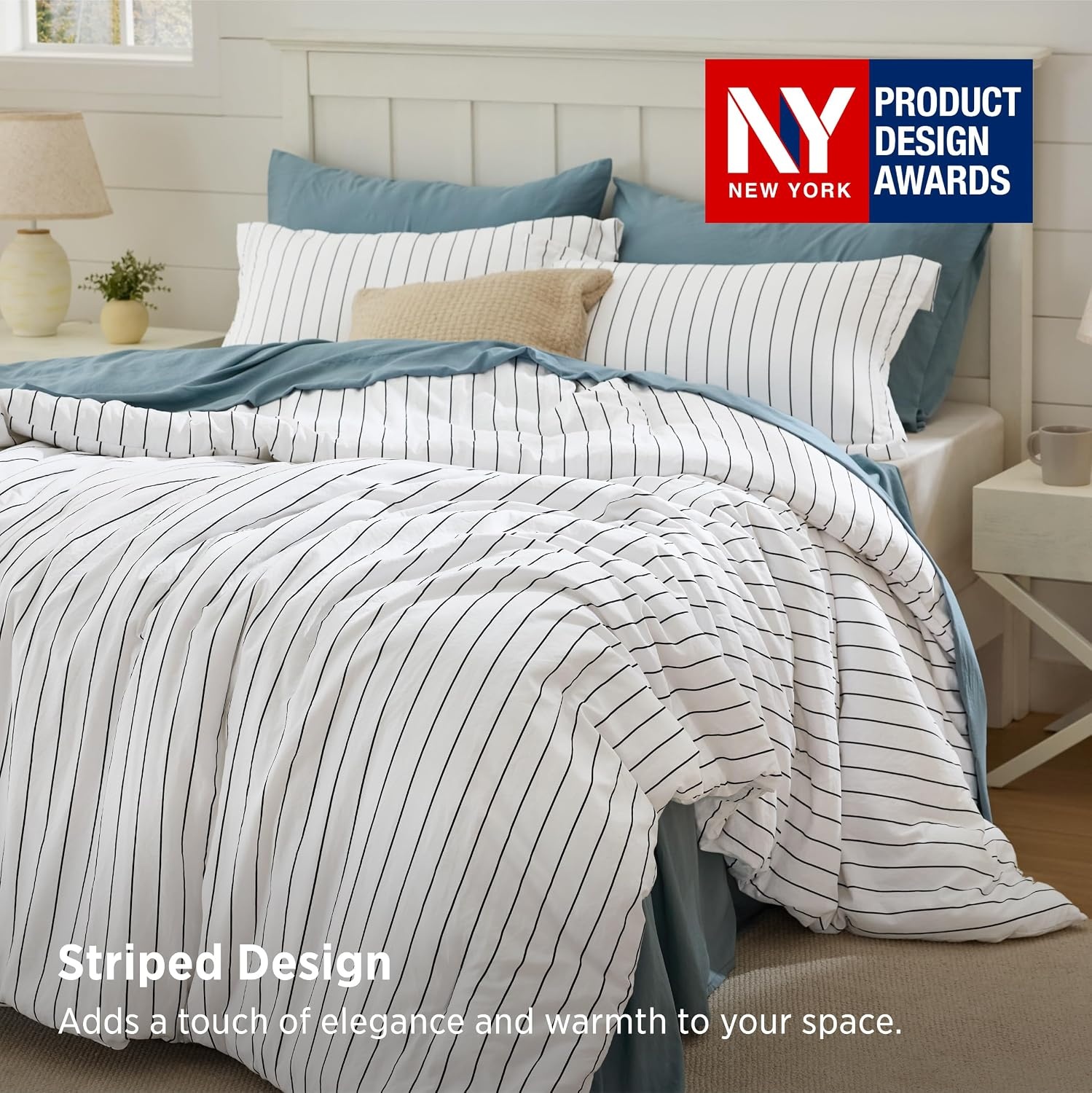 image:imageBedsure Blue Gingham Comforter Set Queen Size Soft Fall Bedding 3 pcs03 Black White Stripes