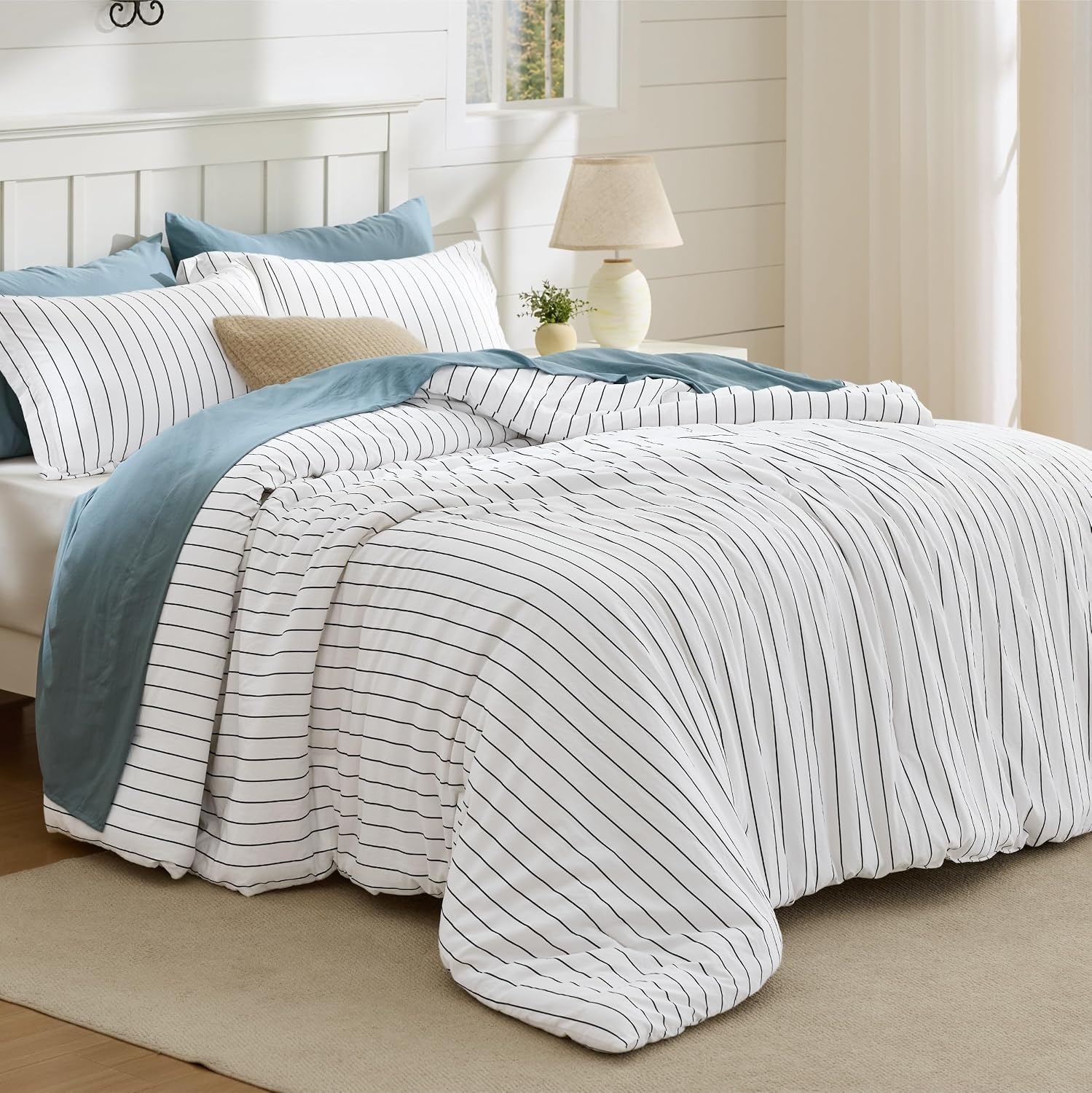 image:imageBedsure Blue Gingham Comforter Set Queen Size Soft Fall Bedding 3 pcs03 Black White Stripes